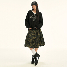 批发｜秋冬<b class='q'>街头</b>复古迷彩图案褶皱花边休闲百搭显瘦半身裙