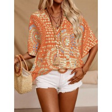 批发已出货2025<b class='q'>欧美</b>跨境Tiktok休闲衬衫V领印花度假<b class='q'>风格</b>蝙蝠袖上衣