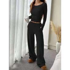 批发跨境<b class='q'>欧美</b>女装亚马逊2025秋冬长袖船领上衣+松紧腰阔腿裤<b class='q'>套装</b>