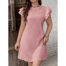 批发已出货跨境欧美亚马逊夏季新款褶皱<b class='q'>荷叶</b>边纯色A字短<b class='q'>袖</b><b class='q'>连衣裙</b>