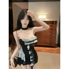 批发实拍实价     美式复古蕾丝花边抹胸背心女夏露肩挂脖上衣