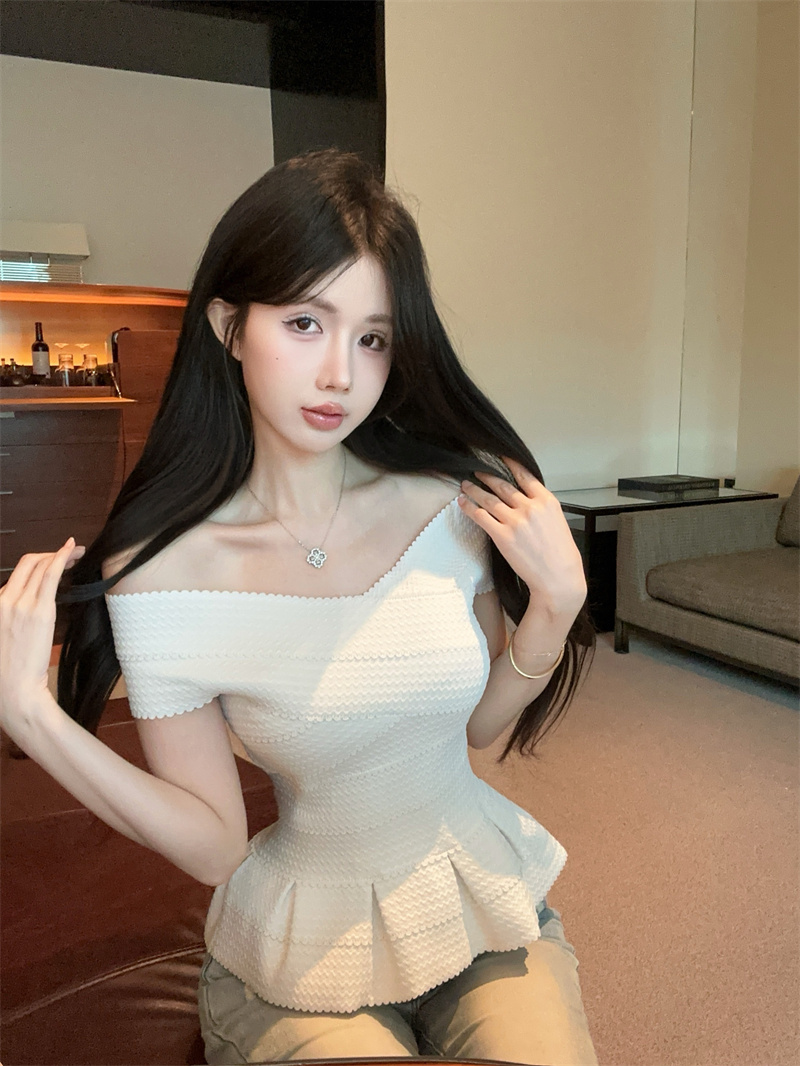 실사 정가 오프숄더 프릴 신축성 붕대 여성용 짧은 소매 몸매 가꾸기 허리 수축 순수한 욕망 디스플레이 몸 맨위