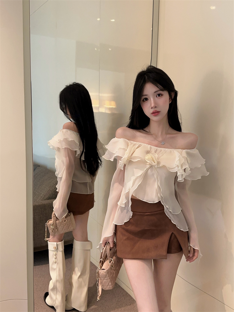실사 정가 오프숄더 순수한 욕망 프릴 페이크 레이어드 꽃 작은 셔츠 여성 긴 소매 셔츠