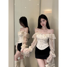 批发实拍实价 法式纯欲一字肩小众设计感刺绣重工收腰喇叭<b class='q'>衬衫</b>上衣