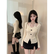 批发实拍实价  别致挂脖假两件针织小衫女秋软糯纯欲修身内搭上衣