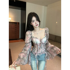 批发实拍实价 法式<b class='q'>碎花</b>不规则雪纺喇叭袖<b class='q'>衬衫</b>女秋收腰设计感纯欲上衣