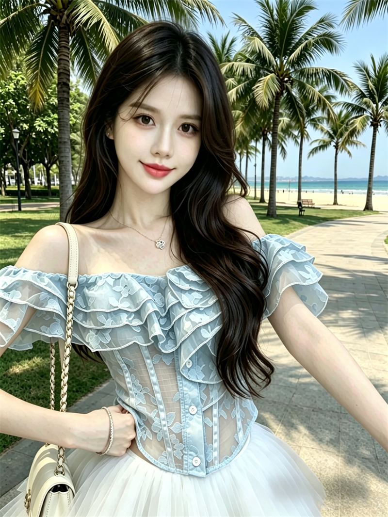 실사 정가 오프숄더 프릴 자카드 반팔 여성 여름 생선뼈 장식 몸매 가꾸기 허리 수축 순수한 욕망 맨위