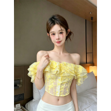 批发实拍实价 一字肩荷叶边提花短袖小衫女<b class='q'>夏</b>修身收腰纯欲绝美上衣