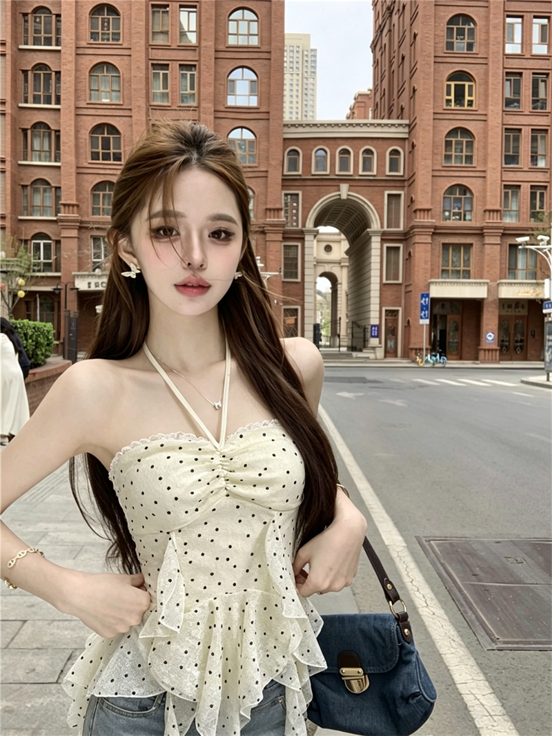 실사 정가 불규칙 프릴 레이스 조각 튜브탑 도트 무늬 조끼 여성 여름 핫걸 플리츠 백리스 맨위
