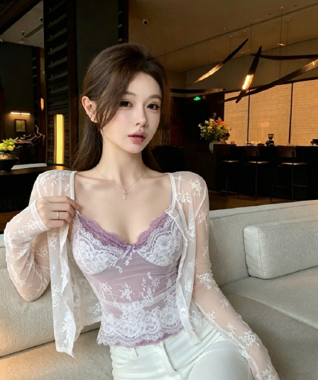 실사 정가 순수한 욕망 레이스 자카드 슬립 레이스 오픈 가디건 두 조각 여성 세트 여름