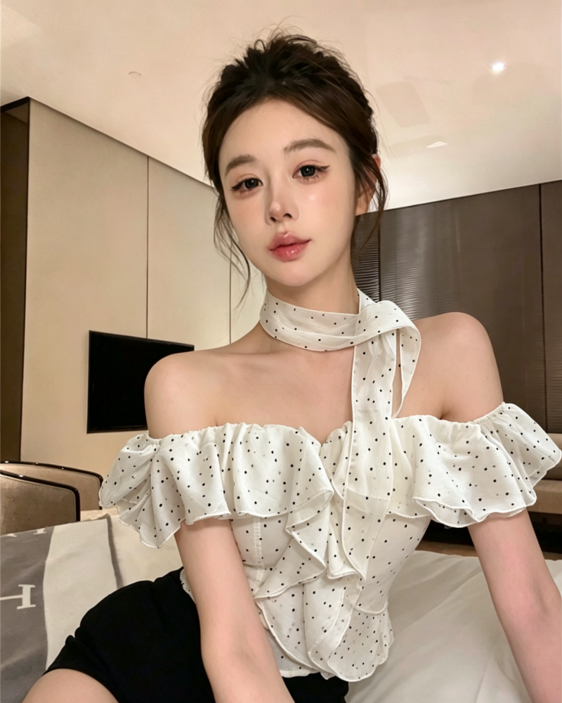 실사 정가 프랑스식 품격 프릴 튜브탑 여성 벨트 가슴 패드 여름 오프숄더 도트 무늬 핫걸 맨위