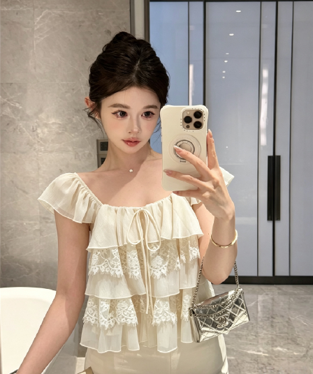 실사 정가 프랑스식 Feifei 소매 레이스 조각 쉬폰 작은 셔츠 여성 여름 순수한 욕망 한 부서 디자인 센스 루즈핏 맨위