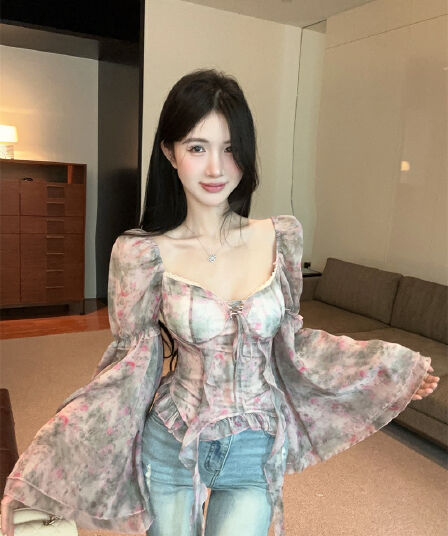 실사 정가 프랑스식 꽃무늬 불규칙 쉬폰 나팔 소매 여성 셔츠 품격 허리 수축 디자인 센스 순수한 욕망 맨위