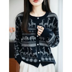 批发复古提花羊绒<b class='q'>针织</b>开衫女秋季新款长袖圆领纽扣毛衣外套高级感<b class='q'>上衣</b>