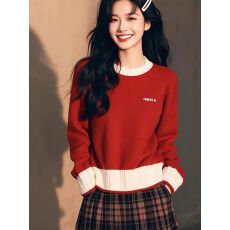 批发2025上衣女秋冬季设计感小众<b class='q'>甜美</b>圆领拼接红色毛衣潮假两件针织衫