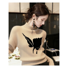 批发超好看卡其色半高领长袖毛衣2025秋冬新款小个子短款修身印花<b class='q'>上衣</b>