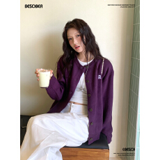 批发超显白紫色毛衣开衫<b class='q'>外套</b>女2025秋季休闲宽松针织开衫上衣