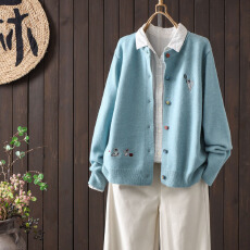 批发<b class='q'>文艺</b><b class='q'>范</b>圆领绣花休闲宽松针织开衫女卡通单排扣减龄时尚显瘦短外套