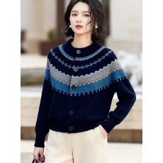 批发春秋装新款外搭圆领撞色提花针织羊绒开衫女韩版宽松长袖<b class='q'>毛衣外套</b>