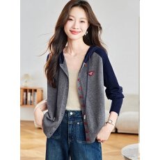 批发连帽卫衣羊<b class='q'>毛</b>开<b class='q'>衫</b>女春秋拼色针织外搭时尚洋气宽松<b class='q'>毛</b>衣外套