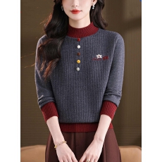 批发高级感<b class='q'>刺绣</b>拼色半高领毛衣女秋冬季加厚洋气针织打底羊毛衫