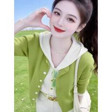 批发草绿色连帽拼接<b class='q'>假两件</b>针织开衫2026春季法式清新软糯高级感上衣女