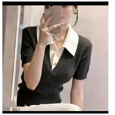 批发设计感假两件撞色翻领针织短袖T恤女夏季高级感灰色显瘦<b class='q'>大码</b>上衣