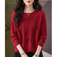 批发红色镂空立体花朵<b class='q'>针织衫</b>t恤女早春秋2026新款洋气宽松薄款上衣短