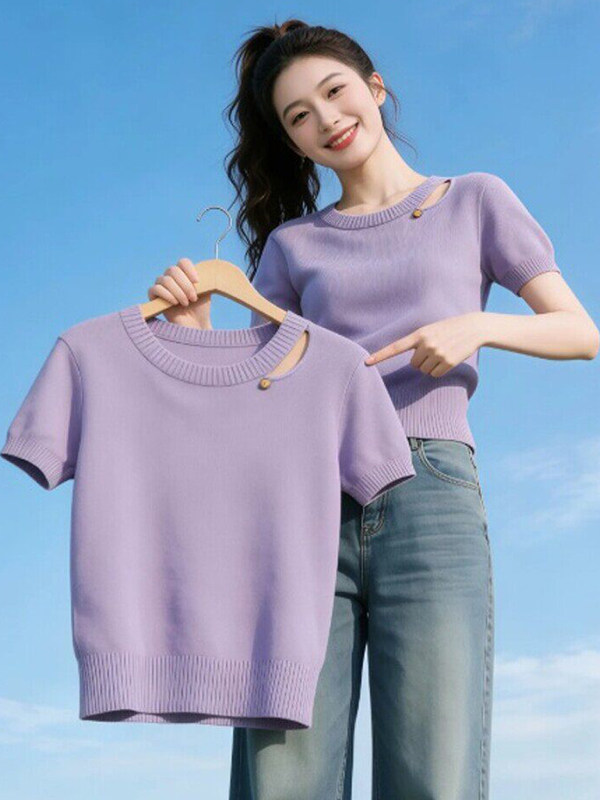 마이크로 지방 부드러운 보라색 라운드 넥 홀로우 아웃 비대칭 반팔 티셔츠 여성 2026 여름 사소한 착용 잡아라. 의류