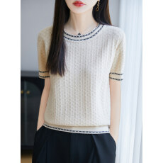 批发高级感纯棉短袖女t恤2026夏季圆领薄款镂空上衣洋气<b class='q'>妈妈</b>针织小衫