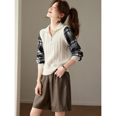 批发高端气质长袖短款<b class='q'>衬衫</b>女士2026新款春秋季针织拼接<b class='q'>假两件</b>格子上衣