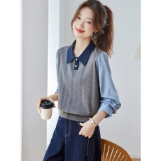 批发早春<b class='q'>假两件</b>拼色翻领长袖针织衫女装2026春季新款<b class='q'>衬衫</b>拼接短款上衣