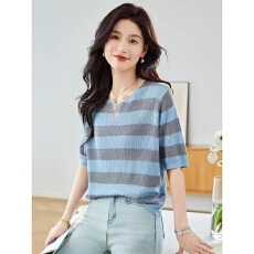 批发薄款冰丝针织短袖t恤上衣女夏2026超火减龄粗<b class='q'>条纹</b>休闲宽松<b class='q'>打底衫</b>