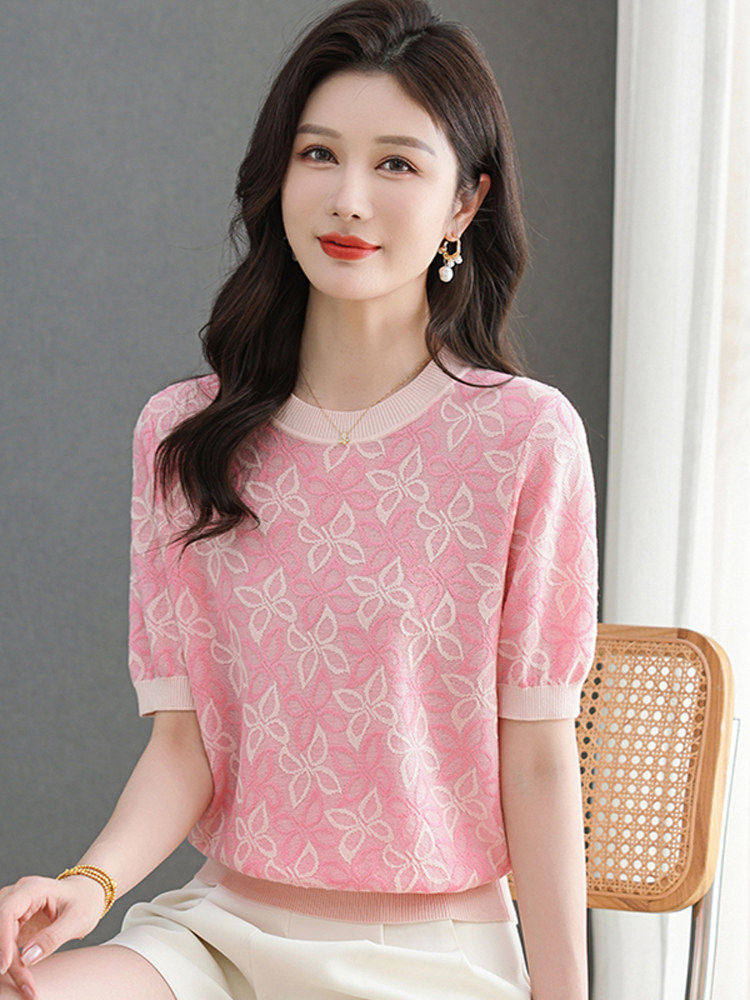 RY3163# 2026复古短袖针织衫女韩系温柔显气质宽松遮肉夏季透气巨显...