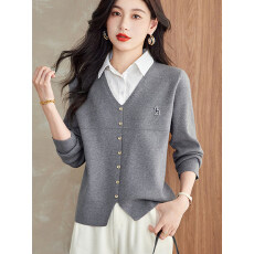 批发春秋<b class='q'>女士</b>假两件洋气减龄羊毛针织衫高档<b class='q'>衬衫</b>领毛衣设计感打底衫潮