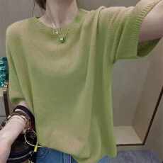 批发韩版<b class='q'>时尚</b>百搭圆领套头纯色薄款针织衫女夏季<b class='q'>休闲</b>宽松显瘦短袖上衣
