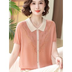 批发夏季新款中<b class='q'>老年</b>妈妈装<b class='q'>翻领</b>针织衫洋气薄款上衣休闲女短袖套头小衫