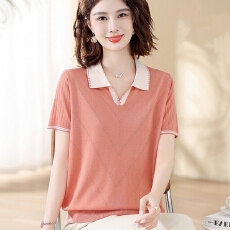 批发妈妈夏装新款翻领冰丝短袖t恤小衫时尚洋气中<b class='q'>老年</b>薄针织上衣套装