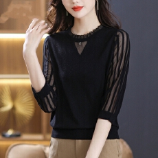 批发七分袖上衣女新款春秋薄款中袖打底羊毛衫妈妈装<b class='q'>纱</b>袖长袖针织小衫