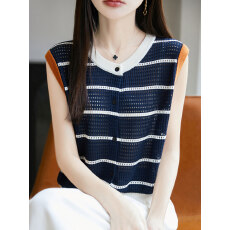 批发法式撞色条纹冰丝<b class='q'>针织</b>无袖背心女T恤2026夏镂空<b class='q'>开衫</b>马甲上衣小衫