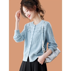 批发浅蓝色羊毛<b class='q'>开衫</b>外套女<b class='q'>针织</b>2026超火减龄上衣镂空小香风外搭配裙子
