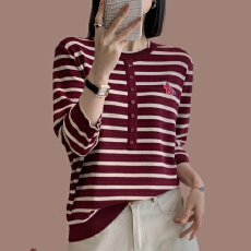 批发<b class='q'>中年</b>妈妈薄款条纹针织衫女休闲减龄加大码七分袖圆领扣子冰丝上衣