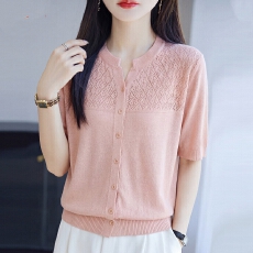 批发桑蚕丝短袖t恤女2026新款夏季镂空洋气上衣显瘦冰丝<b class='q'>针织</b>衫