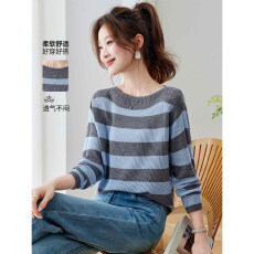 独特巨好看的薄款针织衫上衣女2026新款早春秋宽松粗条纹T恤小衫