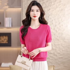 批发桑蚕丝圆领短袖t恤女妈妈夏装时尚百搭<b class='q'>上衣</b>冰丝体恤针织衫