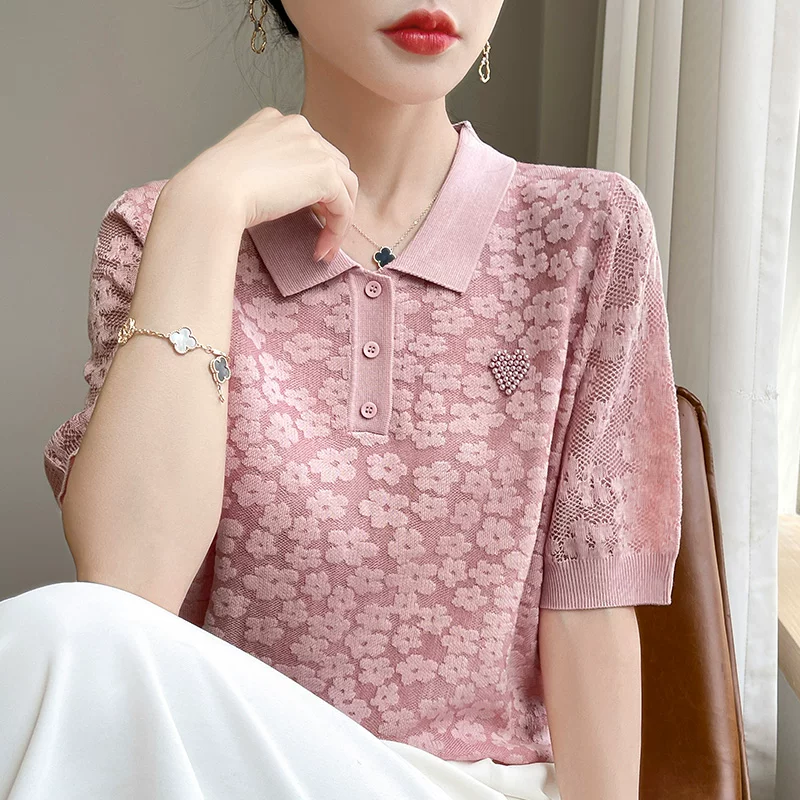 POLO 칼라 반팔 티셔츠 여성 2026 새로운 폭발 여름 루즈핏 작은 대중 디자인 센스 모방 실크 니트 반팔