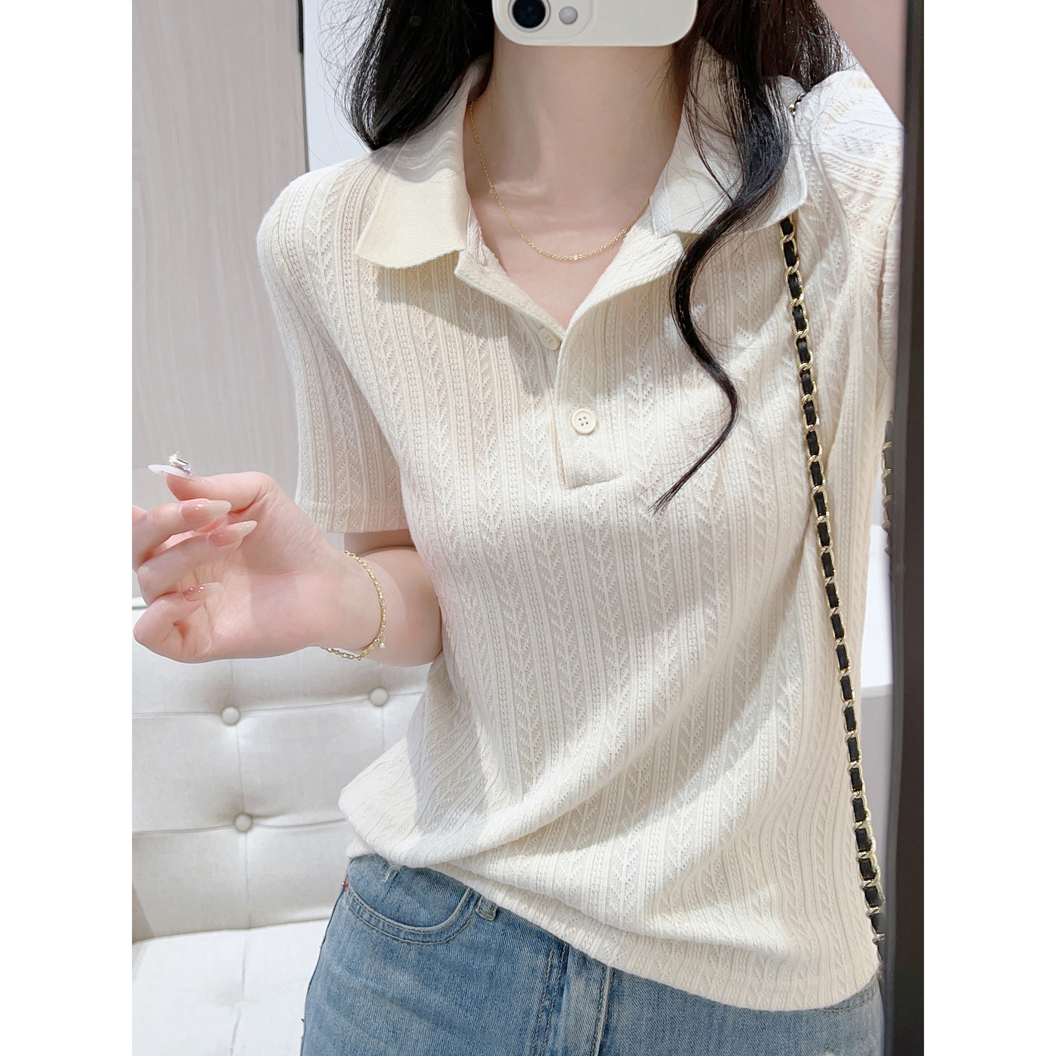 POLO 셔츠 니트 반팔 티셔츠 여성 여름 2026 새로운 긍정적 인 어깨 몸매 가꾸기 다용도 슬림해 보이는 품격 반소매 맨위