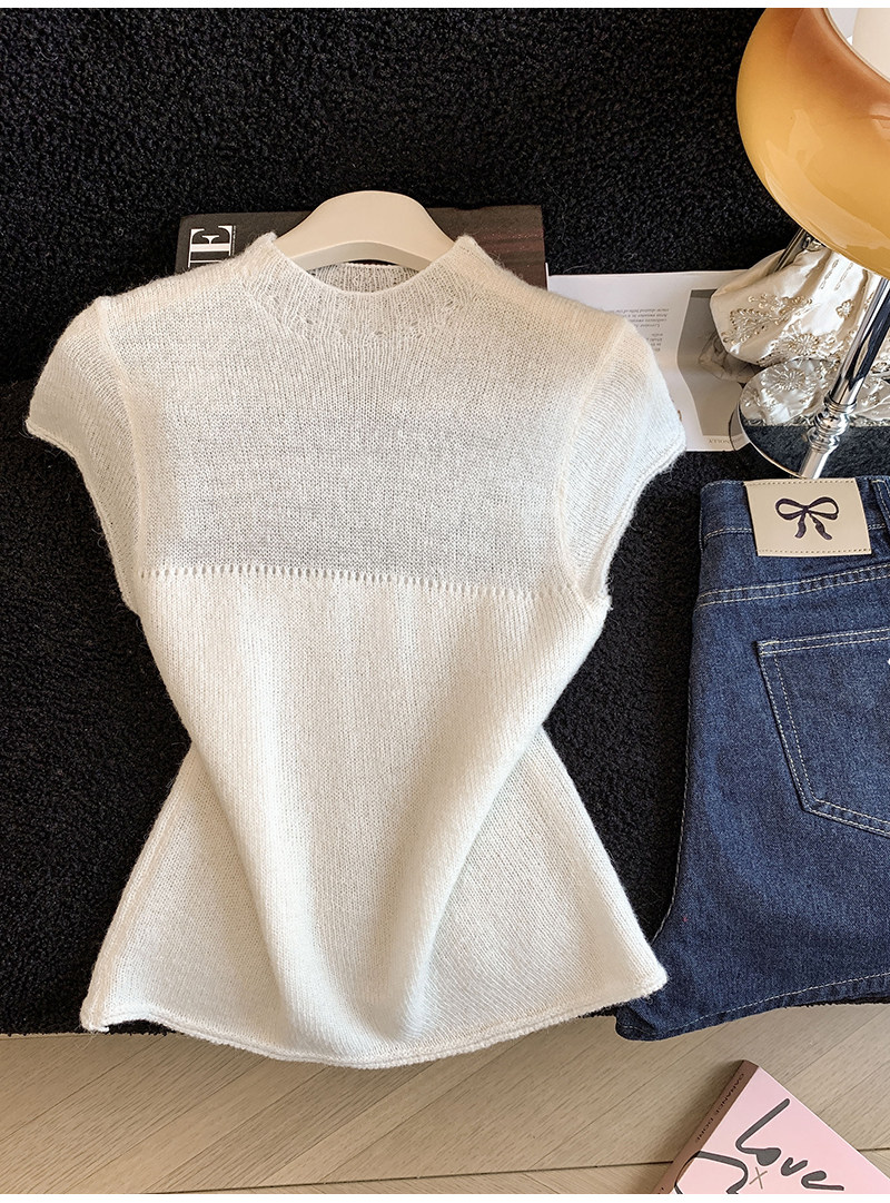 반하이넥 작은 날다 소매 반팔 맨위 여성 이른 봄 잘 생긴 고유 한 아름다운 얇은 스타일 하프 ~을 통해 얼음 실크 니트 기본 셔츠