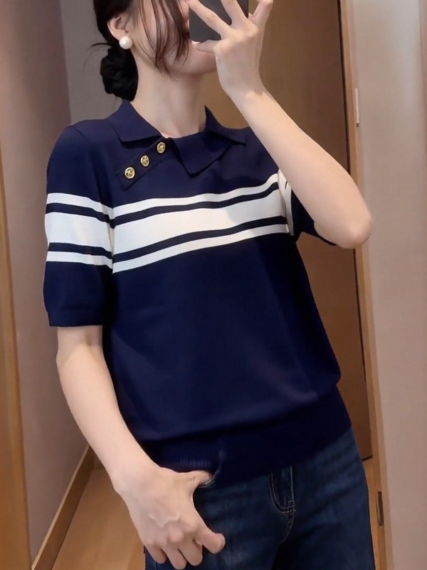 한 부서 스트라이프 폴로 칼라 반팔 니트 티셔츠 여성 2026 여름 빅 사이즈 지방 mm 디자인 센스 루즈핏 슬림해 보이는 맨위