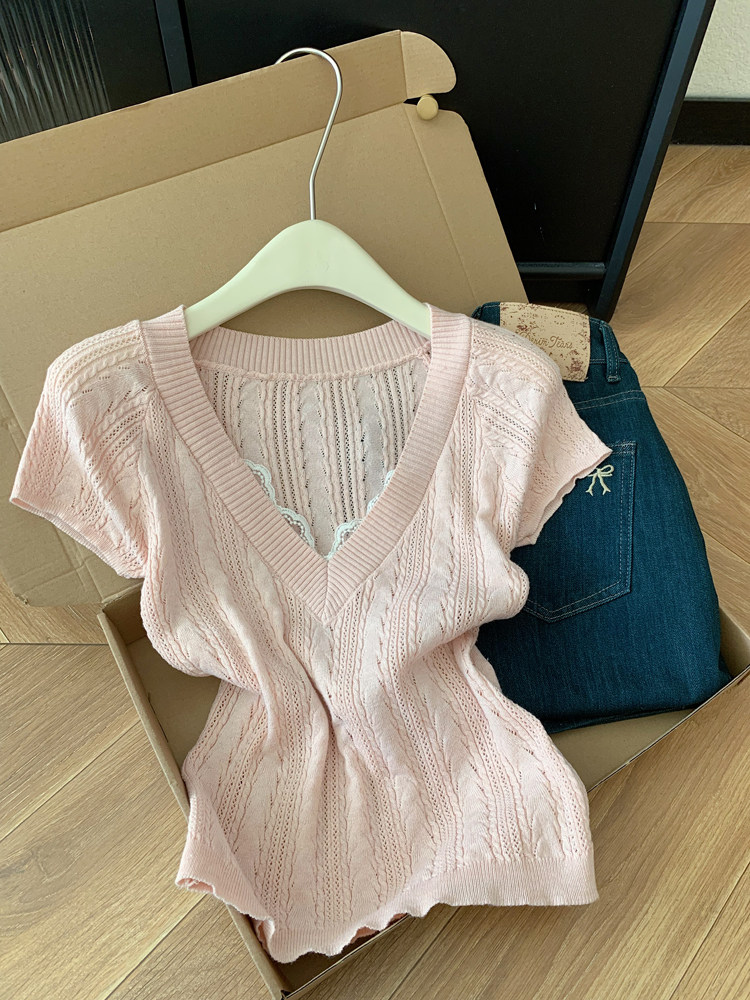 핑크색 레이스 조각 V넥 니트 반팔 티셔츠 여성 홀로우 아웃 쇼트 스타일 한 부서 아름다운 작은 맨위